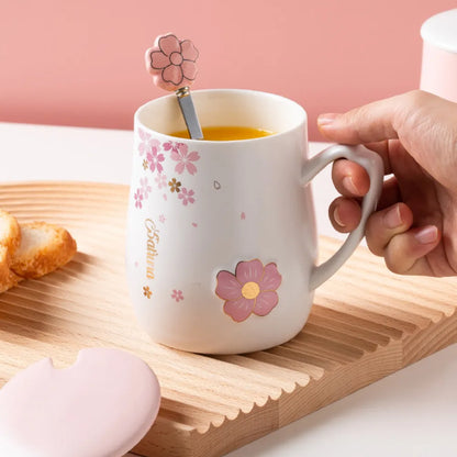 Cherry Blossom Ceramic Mug With Lid & Spoon