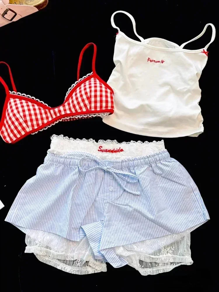 Conjunto de Top Elástico de Cuadros con Escote de Pico y Pantalones Cortos Informales con Lazo