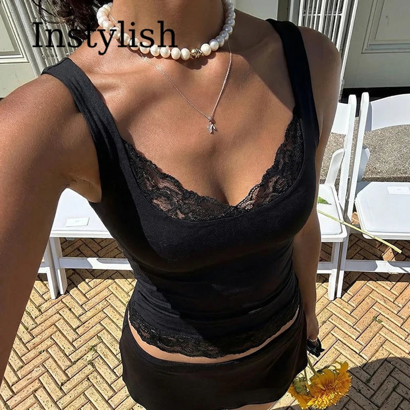 Top corto sin mangas con cuello cuadrado, sin espalda, de encaje con volantes y retazos, sexy y2k a la moda para mujer, ideal para fiestas, vacaciones y verano.