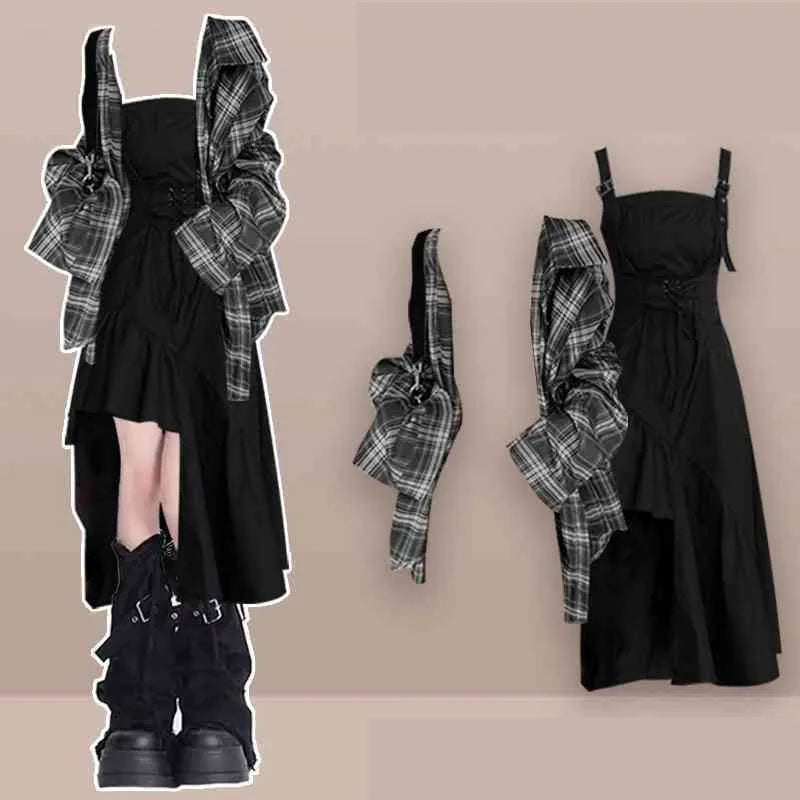 Plaid Shirt + Irregular Dress Set