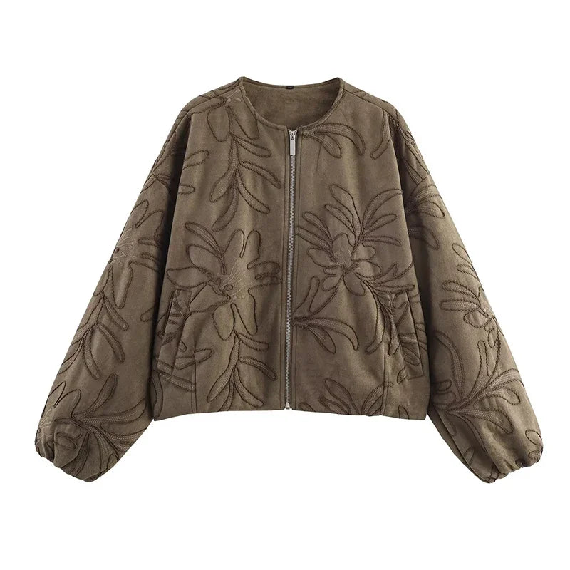 Faux Suede Embroidery Bomber Jacket