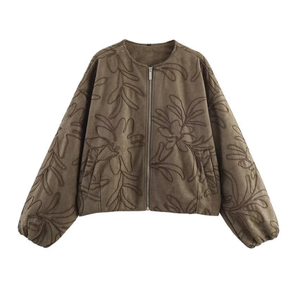 Faux Suede Embroidery Bomber Jacket