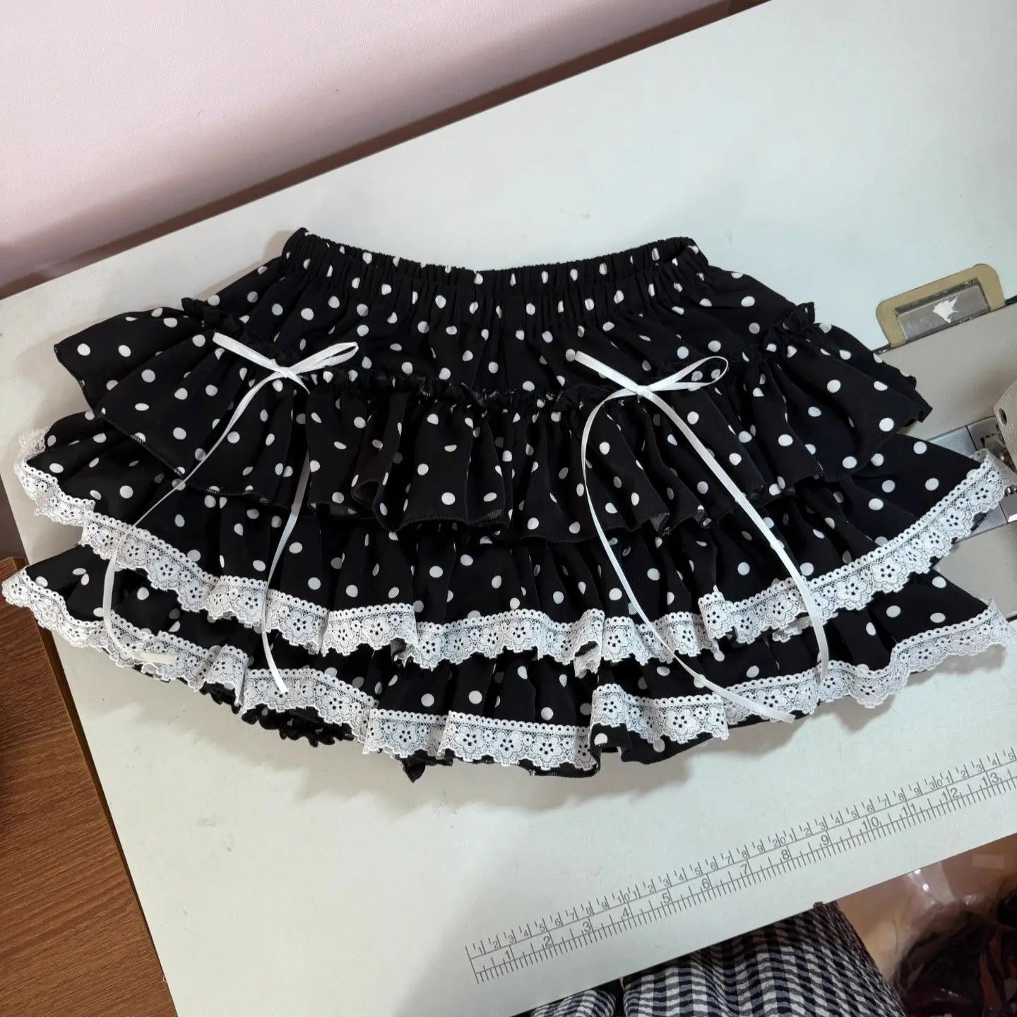 Polka Dot Tiered Ruffle Lace Trim Skirt