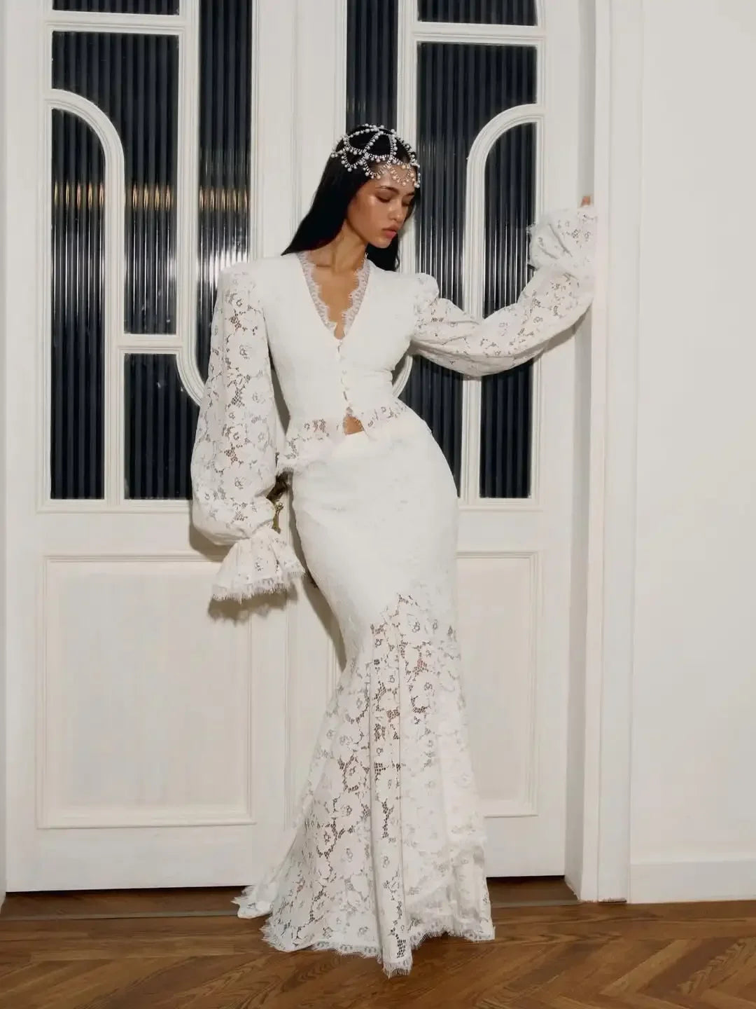 Lace Patchwork Long Skirt Set