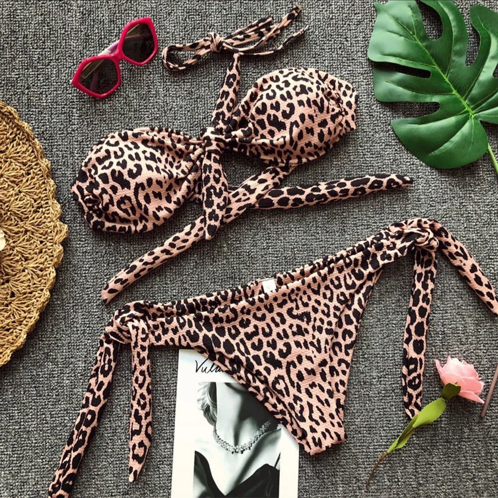 Ribbed Knotted Polka Dot Bikini