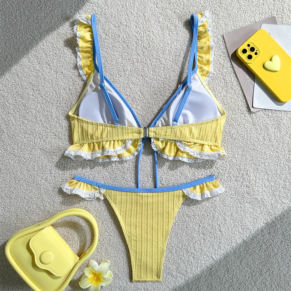 Ruffles Front Tie Lace Patchwork Bikini Set