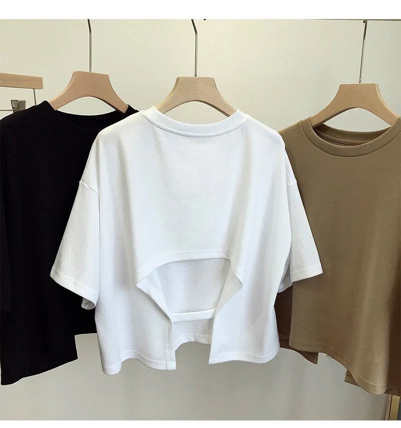 Backless Short O-Neck Solid Color T-Shirt