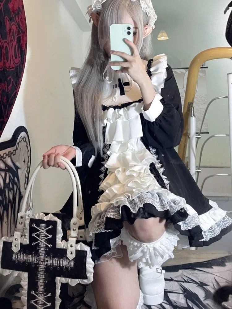 Vestido de hada con volantes, manga larga, dulce, Kawaii Lolita, de encaje, patchwork, estilo Y2k estético, de gala, color contrastante, túnica para mujer