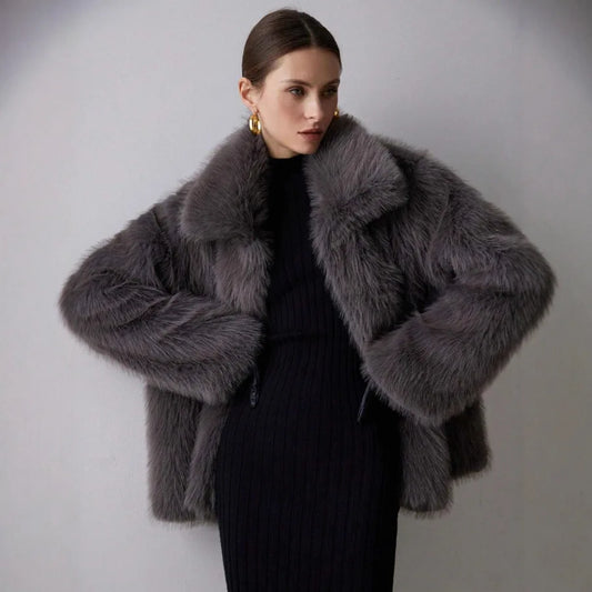 Turn-down Collar Long Sleeve Faux Fur Jacket