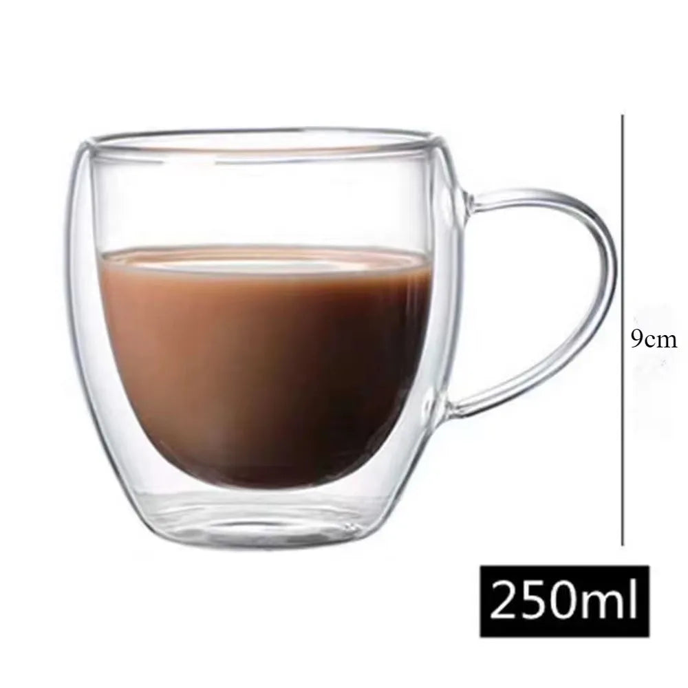 Double Wall Transparent Glass Coffee Cup with Handle