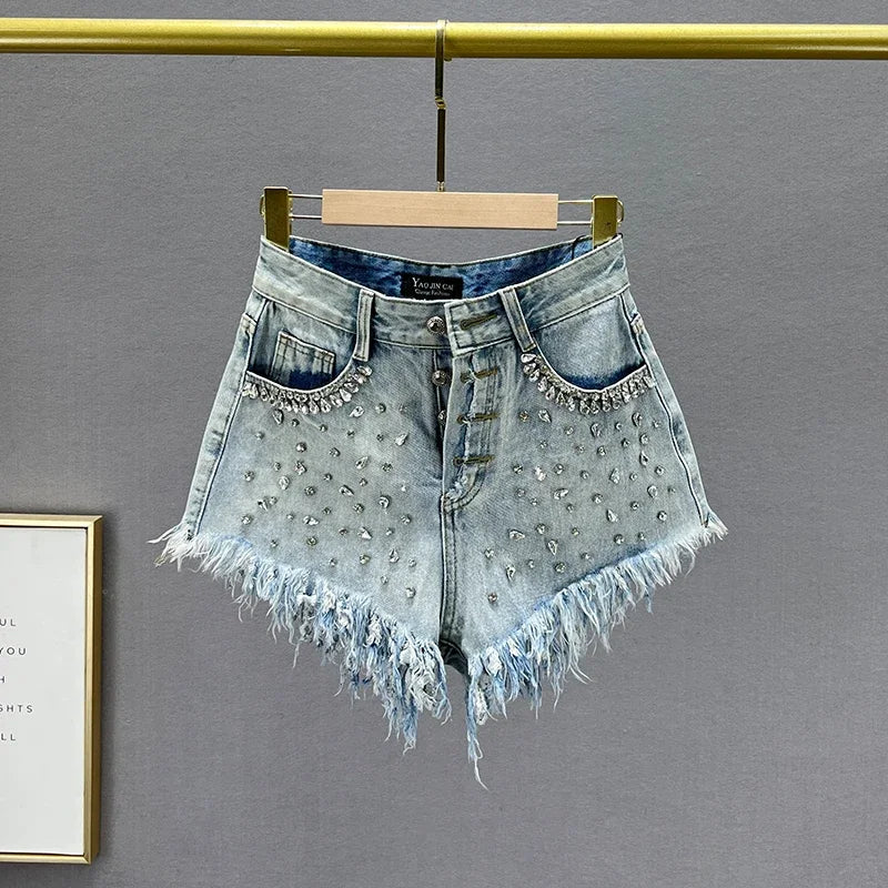 Diamond-Embedded Denim Shorts