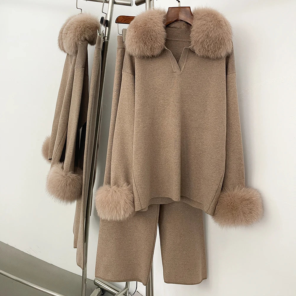 Chaqueta de piel Reality Jersey, cuello de piel de zorro real, otoño invierno, traje de jersey para mujer, jerséis de piel de mapache, conjunto de pantalones para mujer