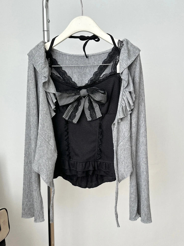 Conjunto de 3 Piezas de Cárdigan de Manga Larga con Lazo + Falda Corta con Volantes y Cintura Elástica