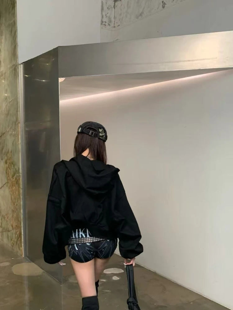 Chaqueta con capucha vintage de streetwear americano para mujer, manga larga, informal, con estampado de letras, estilo Y2k, abrigo retro con cremallera, novedad de otoño de 2025