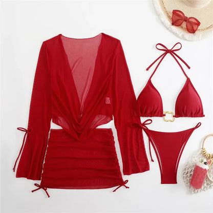 Brown Halter String Triangle Bikinis Sets 4 Piece Mesh Smock Cover Up