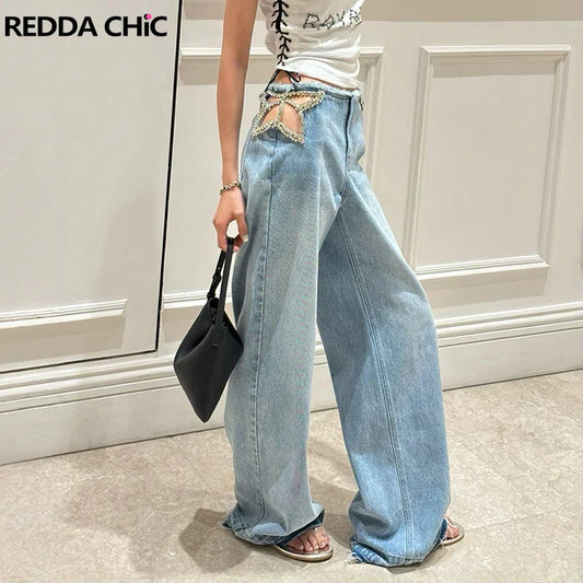 ReddaChic Crystal Embellished Wide Leg Jeans