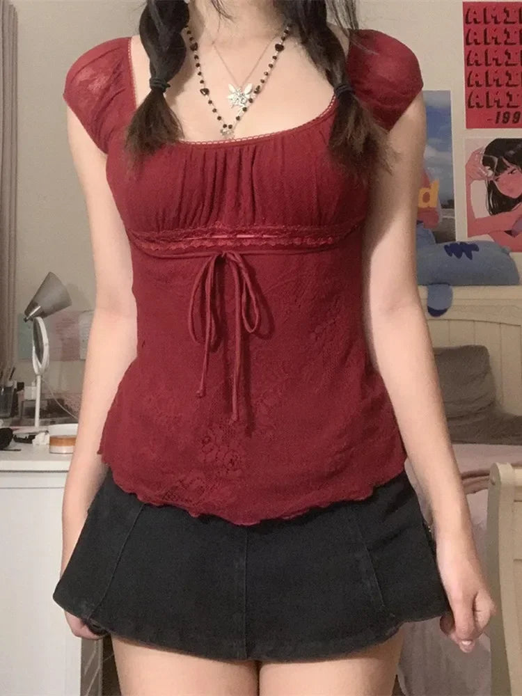 Lace Trim Cap Sleeve Low Cut Shirt