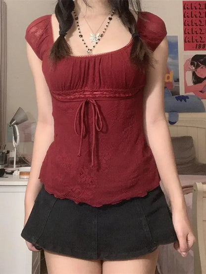 Lace Trim Cap Sleeve Low Cut Shirt
