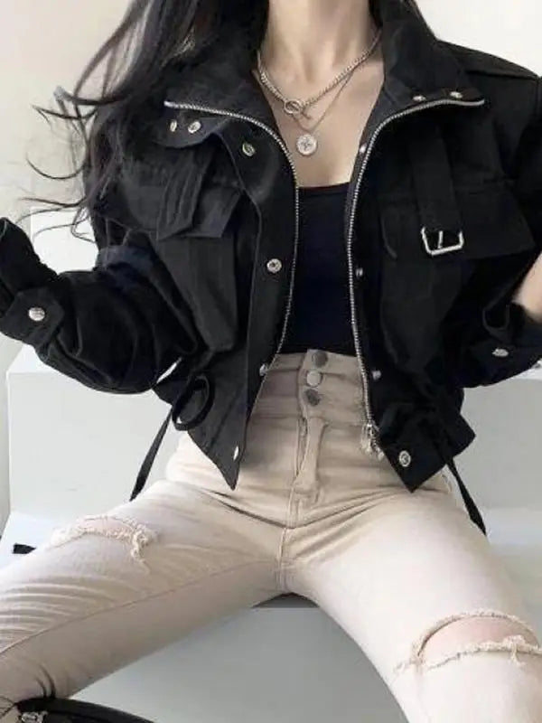 Zipper Drawstring Collar Short Loose Fit Double Jacket