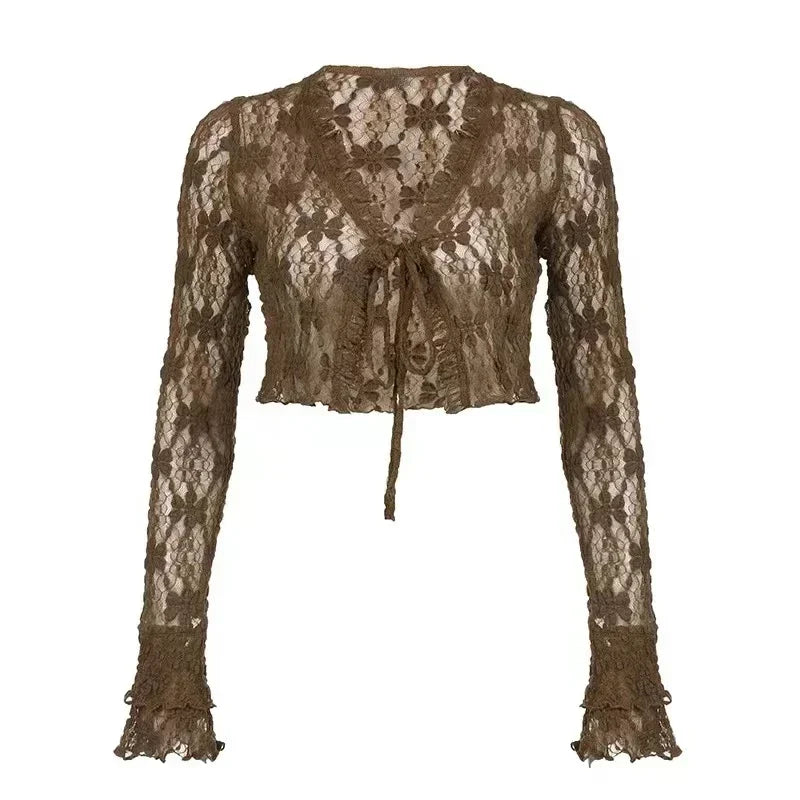 Conjunto de 3 piezas: Corsé de encaje marrón moca, Bolero de manga acampanada con lazo frontal y Minifalda escalonada con cinturón de ojales