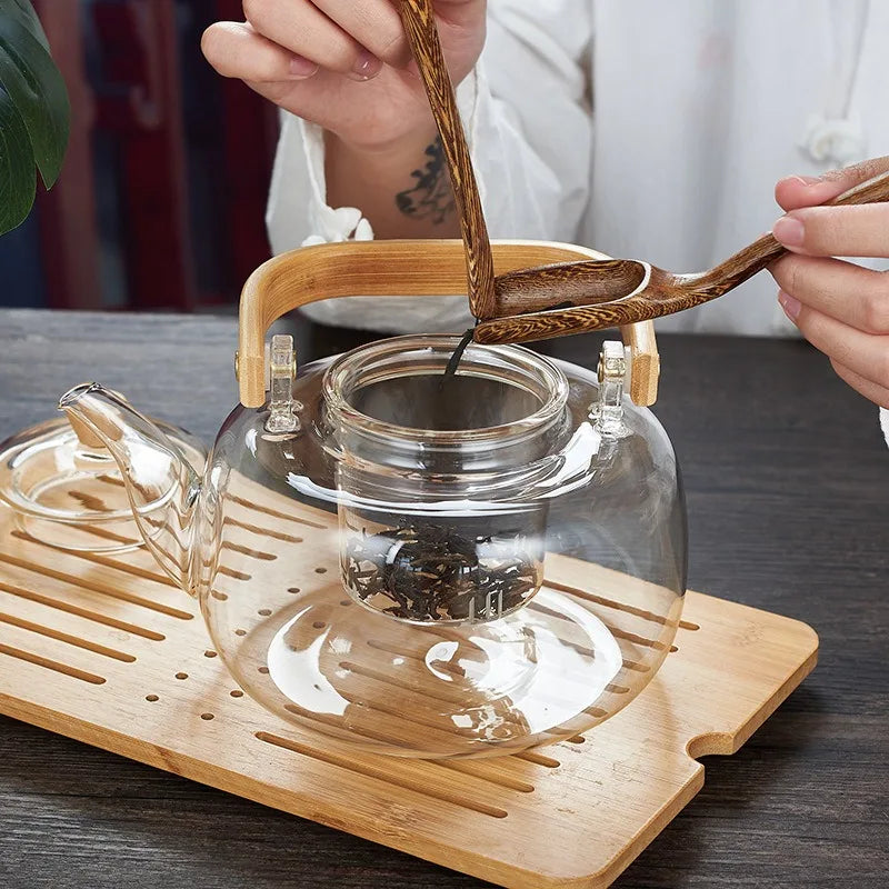 High Borosilicate Glass Chinese Tea Ceremony Clear Teapot with Filter Wood Handle