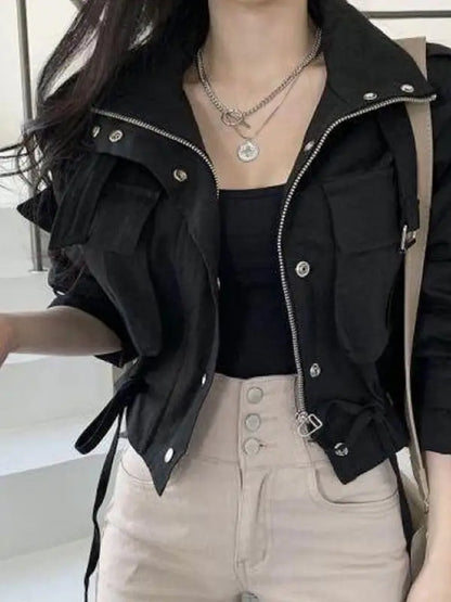 Zipper Drawstring Collar Short Loose Fit Double Jacket