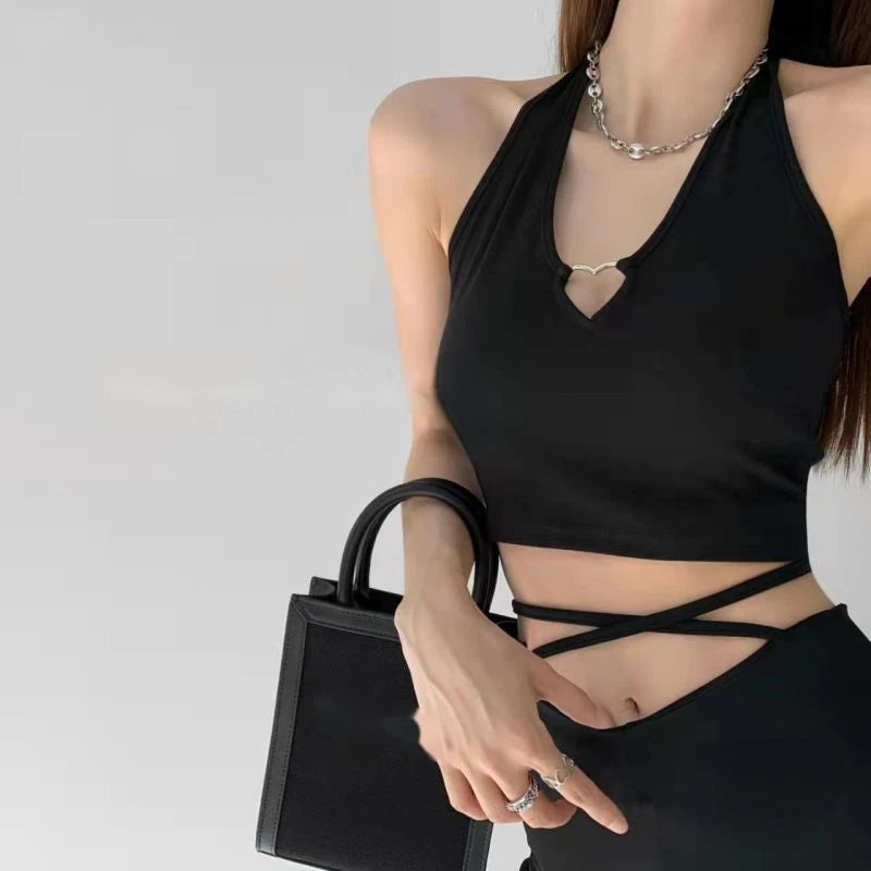 V Neck Hearted Hollow Out Halter Cami Tank Top