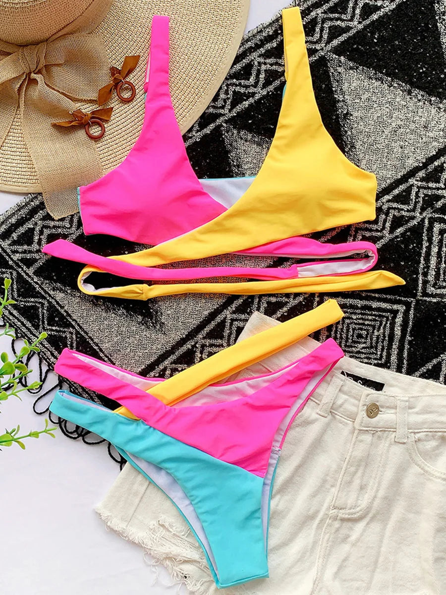 Splicing Cross Bandage Thong Bikini