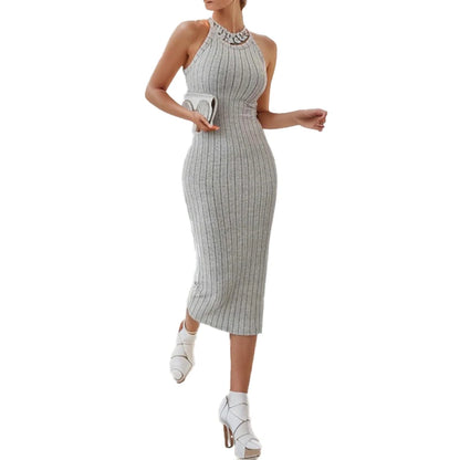 Solid Halter Neck Bodycon Midi Dress