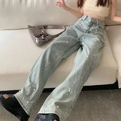 High Waist Straight Blue Beaded Pearls Denim Pants