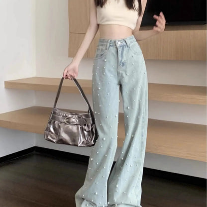High Waist Straight Blue Beaded Pearls Denim Pants