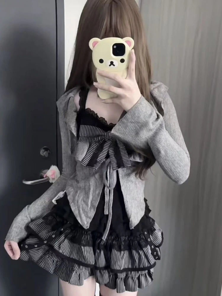 Conjunto de 3 Piezas de Cárdigan de Manga Larga con Lazo + Falda Corta con Volantes y Cintura Elástica