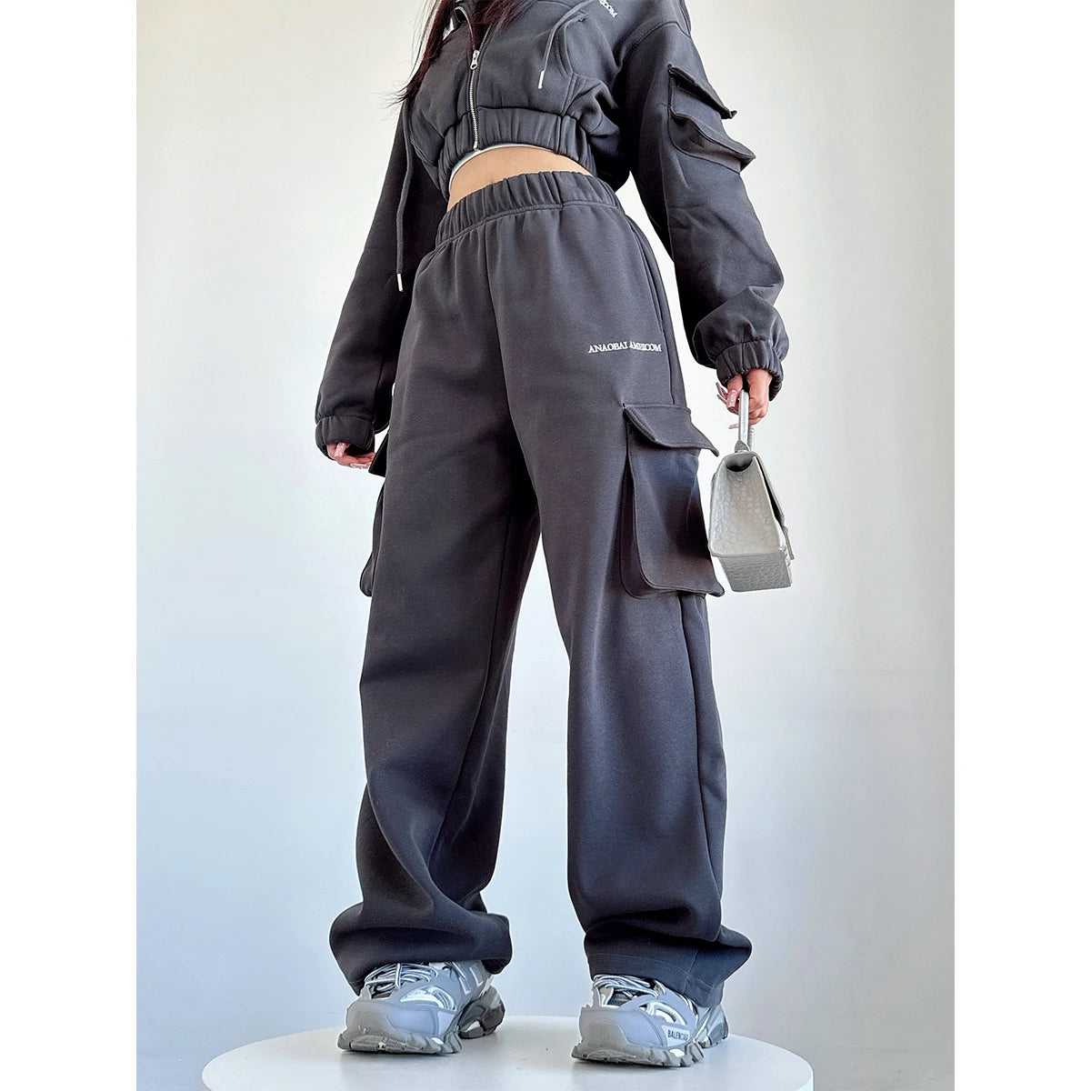 Short Zipper Sweatshirt Large Pocket Wide Leg Pants Set