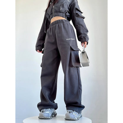 Short Zipper Sweatshirt Large Pocket Wide Leg Pants Set