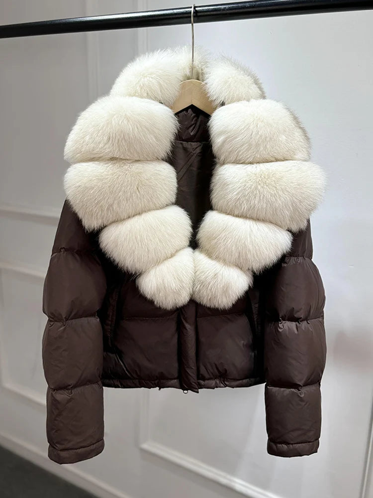 Lagabogy 2025 Abrigo casual cálido de mujer, parka de plumón, abrigo de lujo con cuello de piel de zorro natural, chaqueta de plumón de pato blanco para mujer