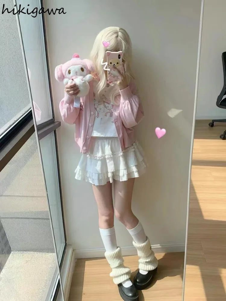 Camisetas Kawaii Rosadas para Mujer Estilo Japonés Y2k Dulces Camisetas de Dibujos Animados para Chicas Lindas de Lazo Estampado de Manga Corta Top de Verano Camiseta Oversize