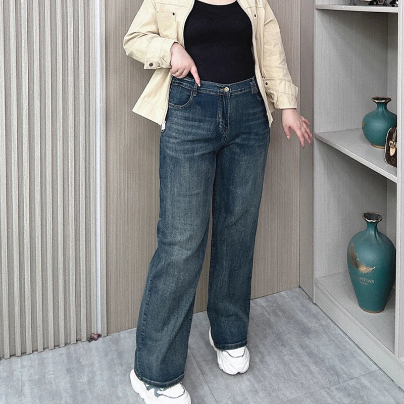 Pantalones vaqueros rectos de cintura alta para mujer, holgados, elásticos, de mezclilla, casuales, de pierna ancha, talla grande, primavera otoño