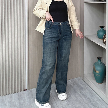 Pantalones vaqueros rectos de cintura alta para mujer, holgados, elásticos, de mezclilla, casuales, de pierna ancha, talla grande, primavera otoño