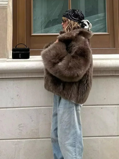 Chaqueta corta de piel suelta de moda para mujer, elegante cuello levantado, abrigos gruesos de un solo botón, chaquetas diarias de calle alta para dama 2025