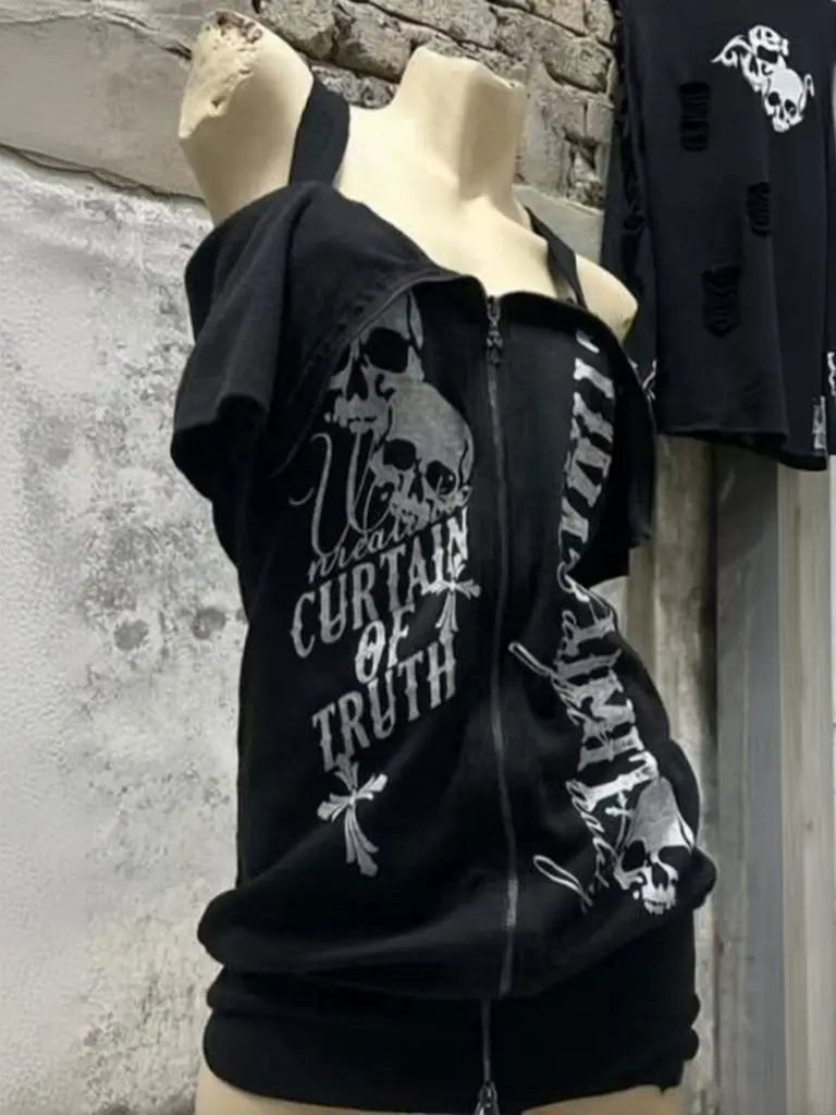 Camiseta de manga corta con cremallera y estampado de calaveras