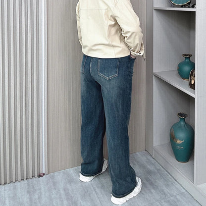 Pantalones vaqueros rectos de cintura alta para mujer, holgados, elásticos, de mezclilla, casuales, de pierna ancha, talla grande, primavera otoño
