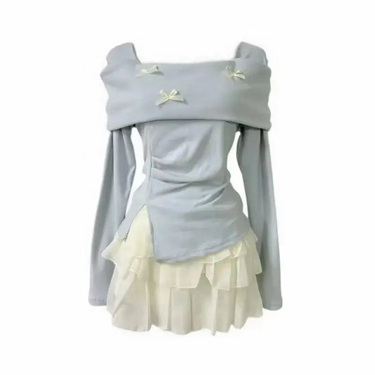 Conjunto de top de manga larga con lazo y falda de talle alto con vuelo