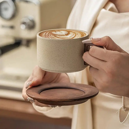 Vintage Wooden Handle Ceramic Coffee Cup with Saucer