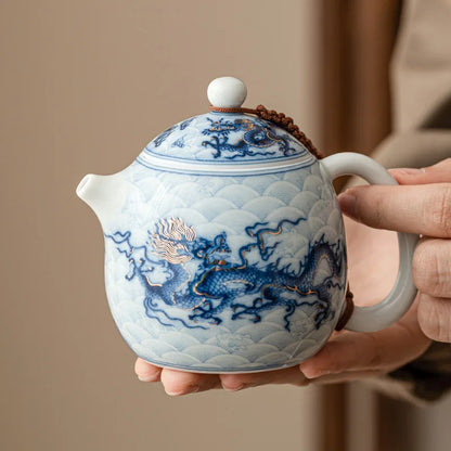 Metal Inlay Blue and White Dragon Teapot