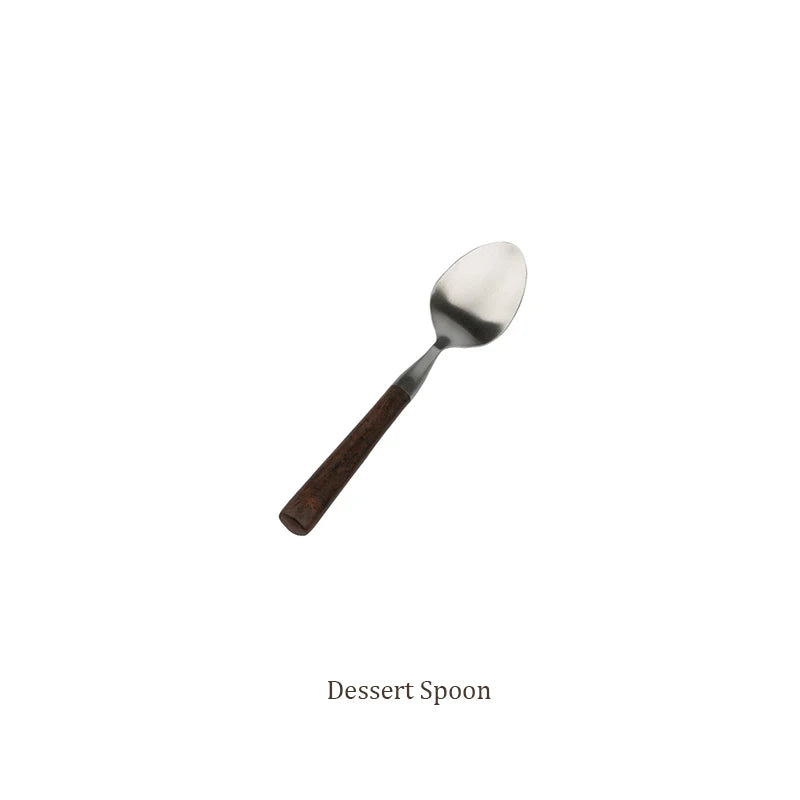 Retro Wooden Handle Dinner Knife Fork and Spoon Set