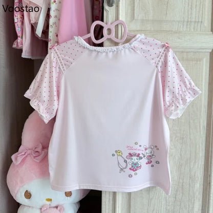 Cartoon Bunny Print Wave Point Short Sleeve Crop Top