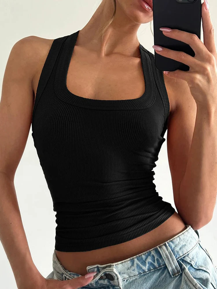 Camiseta sin mangas con cuello cuadrado y acanalado