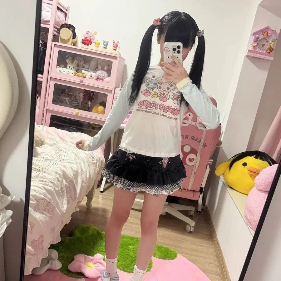 Camiseta de manga larga japonesa con estampado de dibujos animados Jojifuku para hija, camiseta nueva dulce de otoño para niña, camisetas interiores lindas con estética Y2k