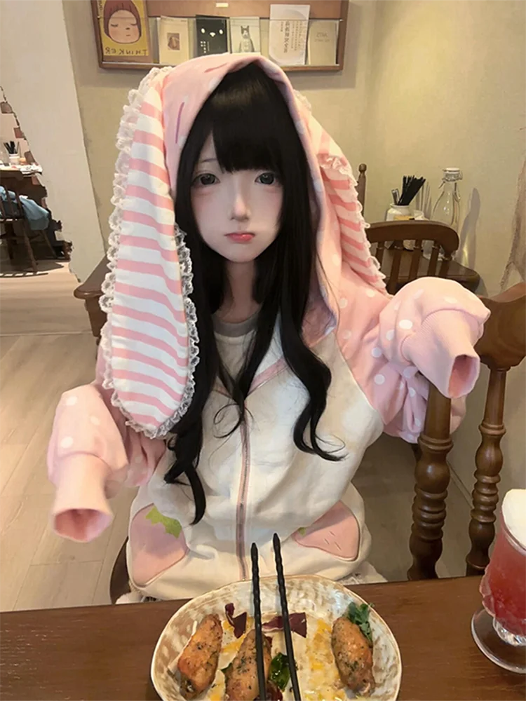 Abrigo japonés kawaii con orejas de conejo, para mujer, dulce, rosa, a rayas, con cremallera y capucha, estilo grunge, Y2k, Harajuku, sudadera con fresas