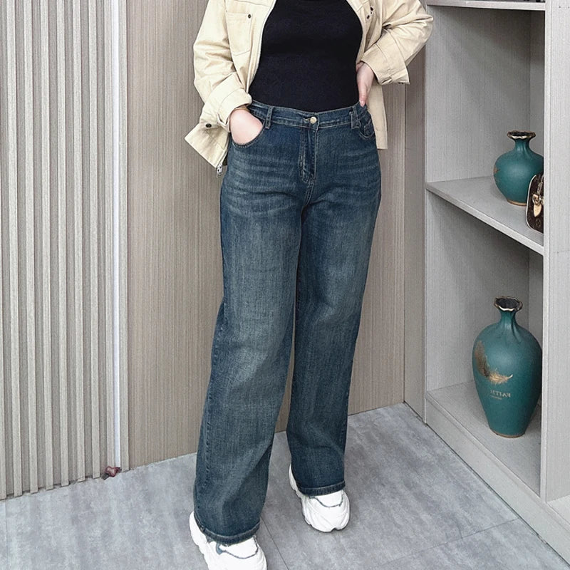 Pantalones vaqueros rectos de cintura alta para mujer, holgados, elásticos, de mezclilla, casuales, de pierna ancha, talla grande, primavera otoño